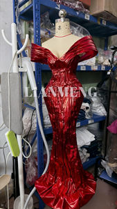 Gaun Pengantin Afrika LM J549 Model Ruched V-Neck Off Shoulder Tanpa Lengan untuk Pesta Pernikahan, Acara Resepsi, Gaun <span class=keywords><strong>Prom</strong></span> Mermaid Elegan Warna Merah - Product Image 2