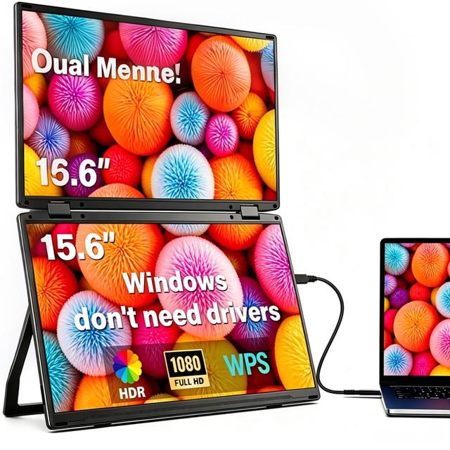 Dual Laptop Portable Monitor 15.6" 1080P Stacked Foldable Extender 330° Screen Adjustment USB-C/Type-C for Laptops Mac Windows