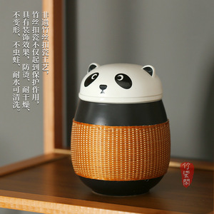 Panda Ceramic Cup Bamboo Woven Portable With Lid Travel Water Cup - Product Image 5