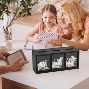 Boîte à monnaie en bois rectangulaire à 3 compartiments pour ranger, économiser et dépenser, organiseur de bureau - Product Image 1