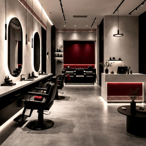 Silla de Salón Moderna de Madera Roja Ajustable con Espejo Arqueado para Barberías y Salones de Belleza - Product Image 1
