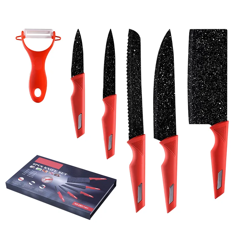 חם למכור 6 חתיכות מטבח סכין סט חדש עיצוב שאינו מקל ציפוי נירוסטה שפים סכין עם אריזת מתנה במלאי