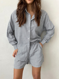 レディースサマー2ピースセット 長袖ボタンダウンシャツとショートパンツのセット ビーチバケーションクルーズ衣装 2026 - Product Image 3