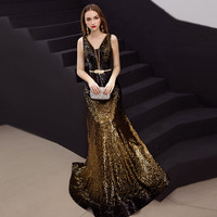 Nouvelle arrivée Or Noir Fente Cou Doux Longue Mariée Club Fête Sans Manches Paillettes Robes De Bal Robe De Soirée Longueur Au Sol