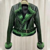 Veste de motard en cuir véritable grain crocodile haut de gamme pour femme, avec garniture en fourrure de lapin Rex véritable, épaisse et chaude pour l'hiver