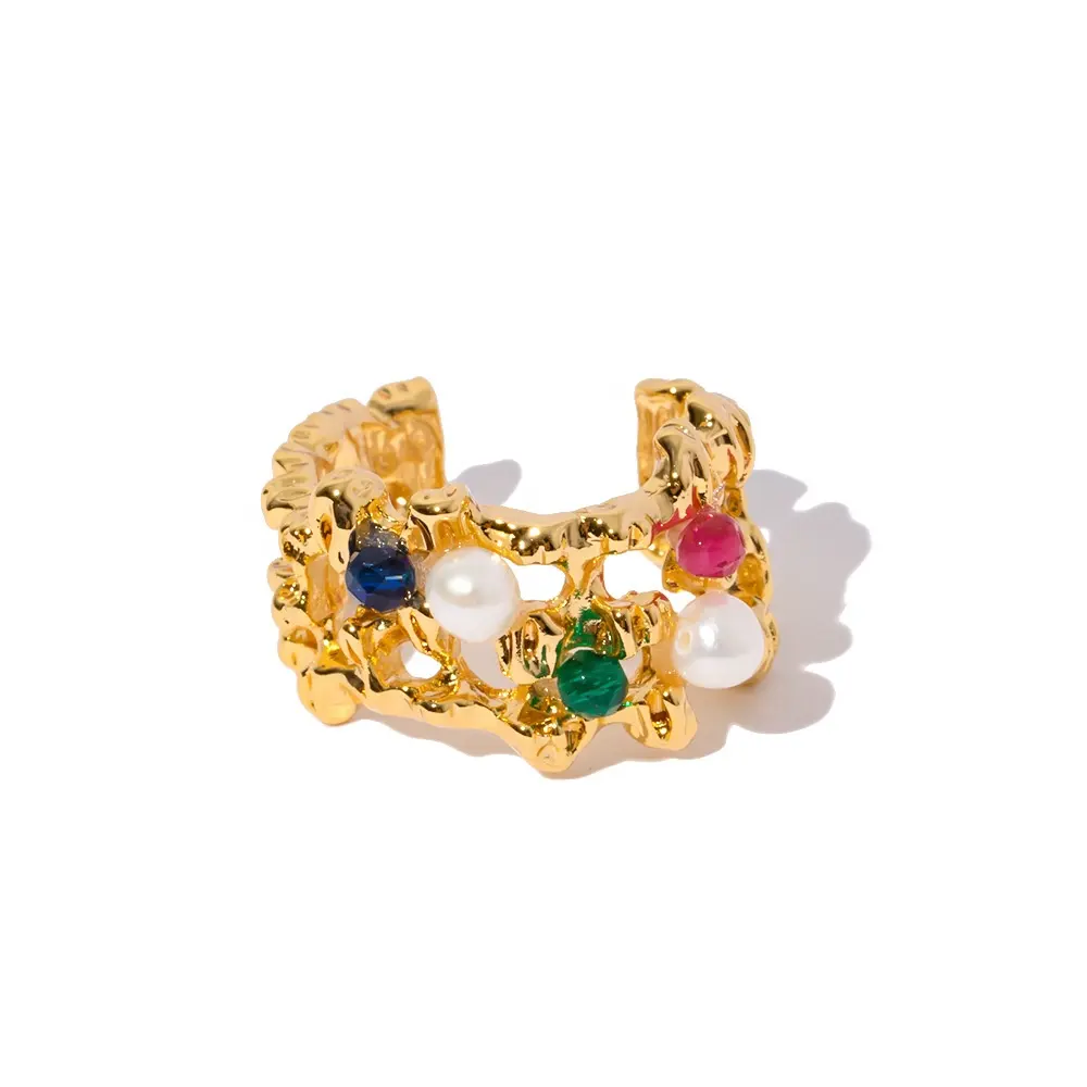 2024 Nueva joyería chapada en oro textura fundida anillo de circón perla de agua dulce anillo ajustable de apertura