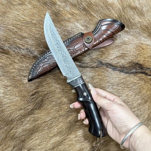 Cuchillo de Caza LZAY93 con Mango de Madera y Cuero Granulado, Hoja Fija de Acero de Damasco, Cuchillo de Supervivencia Afilado y Exquisito para Defensa Personal - Product Image 3