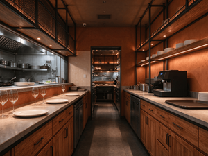 Conception d'intérieur de restaurant moderne sur mesure avec comptoir de bar en bois et meuble de présentation de desserts - Product Image 5