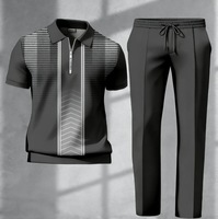 Ensemble Homme T-shirt Demi-Zip à Col Revers et Pantalon – Design Rayé Color Block, Hauts à Manches Courtes, Pantalon Long Droit – Tenue Quotidienne