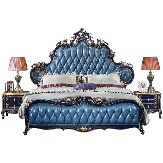 Aanpasbare Royal Luxe Franse Stijl Lederen Kingsize Bedden Massief Houten Bed Set Bruiloft Prinses Meubilair Slaapkamer