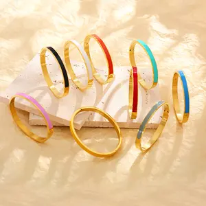 High Quality 18K PVD Gold Plated 4MM 6MM Stackable Buckle Bracelet Bangle 10 Colors 316L Stainless Steel Enamel Bangle for women