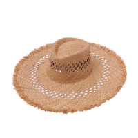 Chapeau de soleil Panama en paille de raphia, tressé ajouré, à large bord effiloché, pour la plage, unisexe, pour femmes et hommes, pour les vacances d'été et les voyages