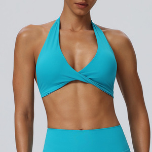 Women Halter Twist Front Deep V Sports Bra Removable Padded Backless Low Impact Yoga Crop Top Pilates Gym Athletic Bra OEM ODM - Product Image 3
