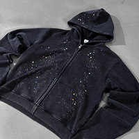 AMCLEVER Sweat à capuche zippé style urbain, effet vieilli, manches superposées, en molleton bouclette, bords bruts, strass thermocollés, délavé vintage