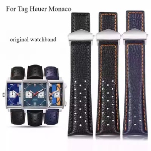 Bracelet de montre pliable en acier inoxydable massif pour Tag <span class=keywords><strong>Heuer</strong></span> <span class=keywords><strong>Monaco</strong></span> Gulf Series, bracelet de montre respirant en cuir de vache véritable, 22mm - Product Image 1