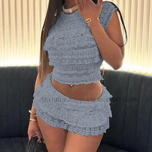 New Women's Solid Color Openwork Ruffled Short-Sleeved Top and Pleated Shorts <b>2</b>-<b>Piece</b> <b>Set</b> Fashion - Product Image 3