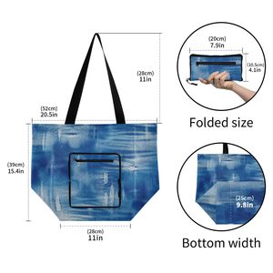 Denim Print <b>Foldable</b> Shopping Bag Nylon Tote Bag Large Reusable Carry Bag With Zipper Pocket - Product Image 2