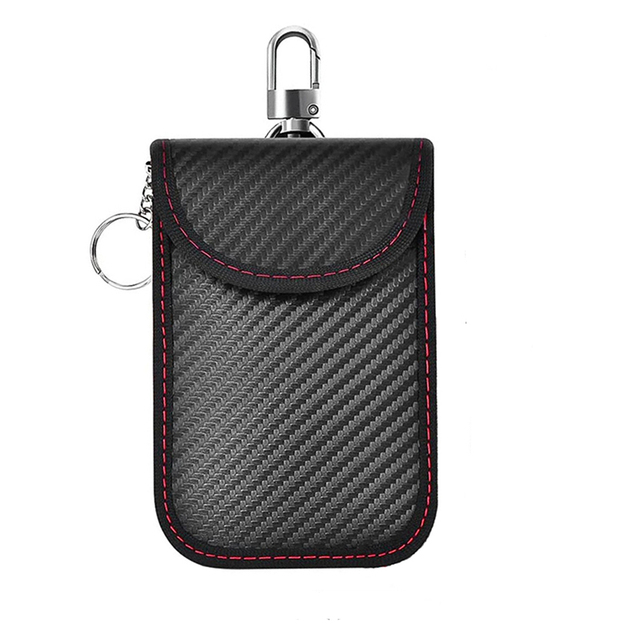 Carbon Fiber Leather RFID Car Key Signals Blocker Case with Key Hook Keyless Car Theft Pouch Wallet Faraday Car Key Bag