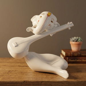 Statue artisanale moderne en résine blanche de Ganesha jouant de la guitare |   Pièce décorative contemporaine du dieu Ganesha pour la maison et le bureau - Product Image 2