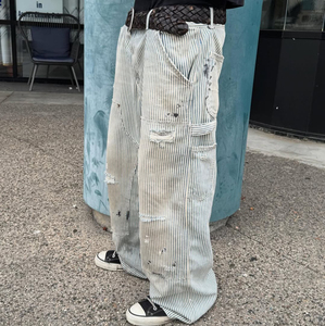 YAXI OEM Custom Hickory Stripe <strong>Carpenter</strong> Jeans Distressed Patchwork Utility Pocket Baggy Denim <strong>Pants</strong> <strong>for</strong> Men - Product Image 1