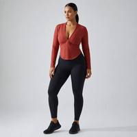 Haut de yoga haute performance RunningJacketNaked, col en V sexy, coupe ajustée pour femme, fermeture éclair intégrale, décolleté plongeant, haut d'entraînement à manches longues côtelé sculptant, MOQ 100
