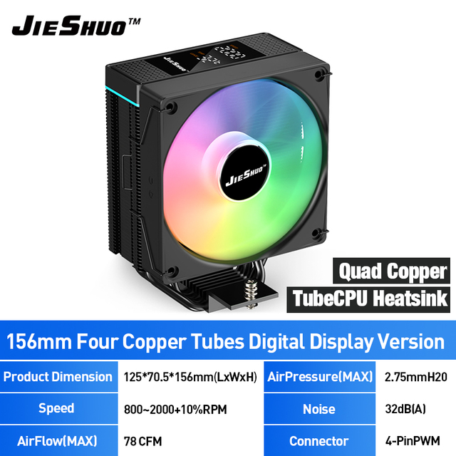 JIESHUO 4 Heat Pipes Ball Bearing ARGB CPU Cooler with Digital Temp Display and Aluminum + Copper Heatsink