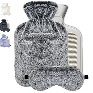 Cadeauset 2l Warmwaterkruik Rubber Faux Bont Warmwaterzak Hoes En Slaap Oogmasker