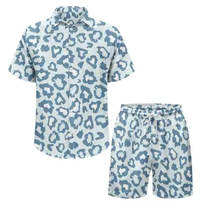 Digital Blue Leopard Print Design 2 Piece Sport Wear For Men Factory Men's Summer Beach Suit Custom Button Up shirt Casual Short