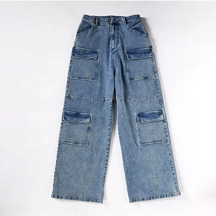 Jeans baggy de travail à jambes larges et multi-poches brodés sur mesure par OEM pantalon cargo pour hommes