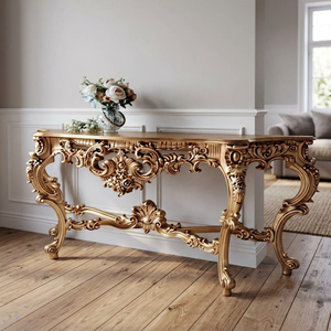 Table basse en bois massif antique de qualité supérieure, artisanale, avec accents dorés, meuble décoratif mobile pour salon - Product Image 5