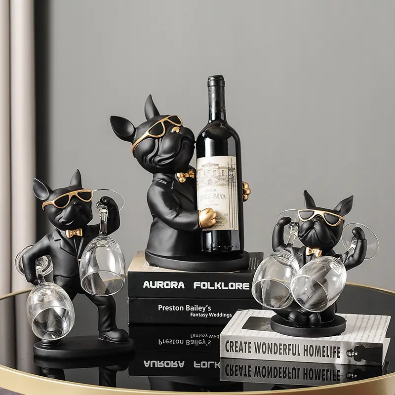 Toptan sıcak satış reçine el sanatları ev dekorasyon heykel masa şarap raf seti fransız Bulldog heykeli reçine el sanatları