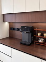 Buffet mural moderne OMIYA sur mesure avec tiroirs, finition bicolore blanc grain de bois et éclairage LED