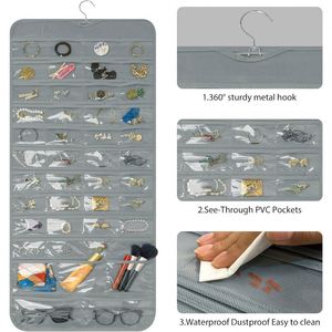Organisateur de bijoux suspendu à 80 poches, sac de rangement double face avec cintre rotatif à 360° et fermeture éclair pour boucles d'oreilles et colliers - Product Image 3