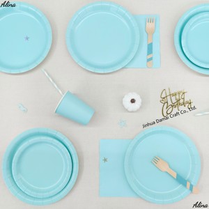 Juego de Vajilla Desechable DAMAI, Platos, Vasos, Servilletas y Pajitas de Papel Azul Claro con Diseño Sólido, Forma Redonda, Ecológicos para Fiestas - Product Image 1