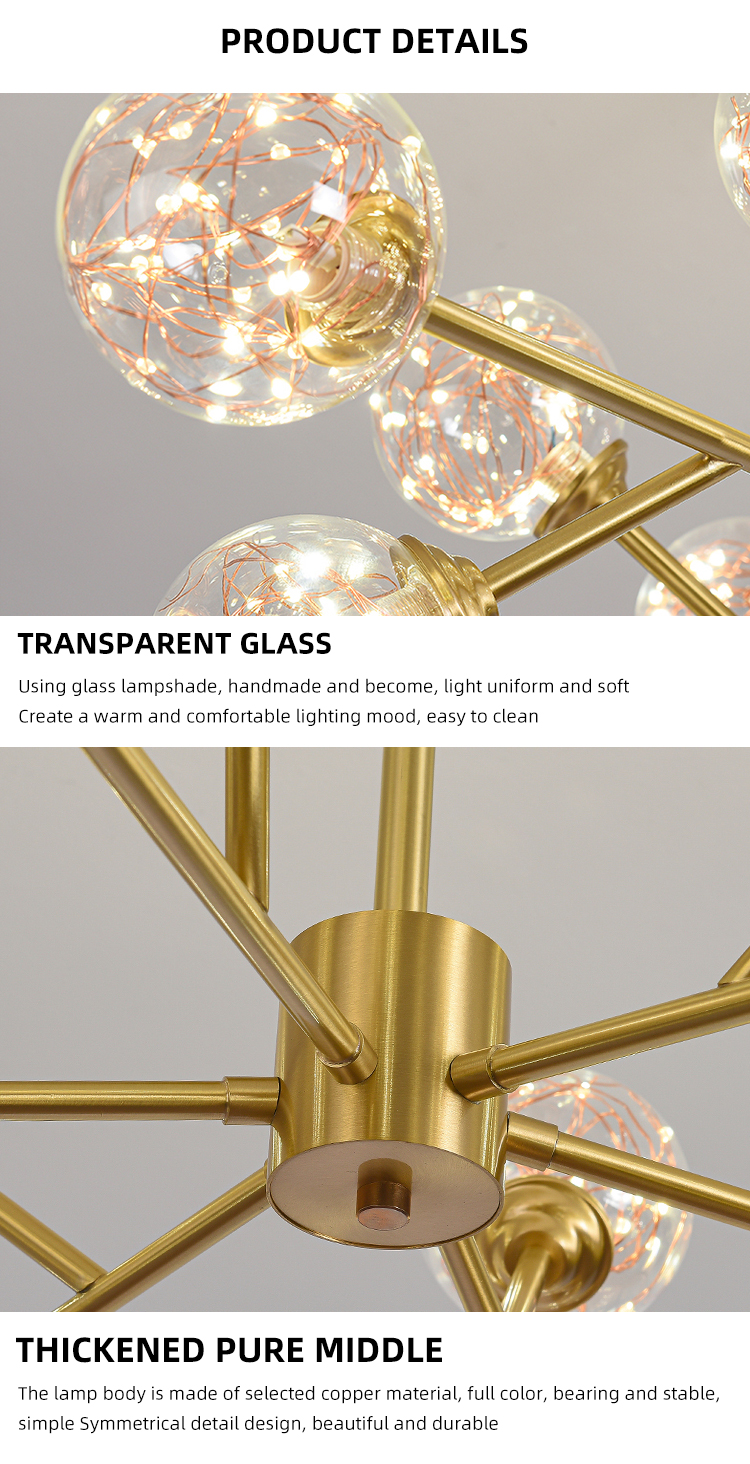 Copper Glass Shade Indoor Living Room Bedroom  Home Decorative Chandelier Light