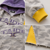 Ensemble sweat à capuche court zippé camouflage et short en jean TaiDe sur mesure, délavage vintage, impression sérigraphiée, bords bruts, OEM ODM, usine de vêtements en gros