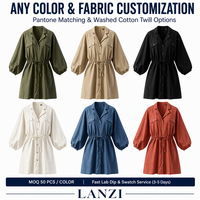 Robe chemise mini élégante personnalisée 100 % polyester sergé uni à manches longues pour femme, boutonnée sur le devant, taille empire, marque privée