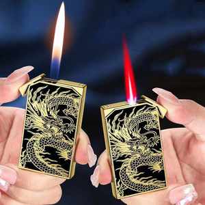 Vente en gros de briquet coupe-vent à double flamme de haute qualité briquet gonflable à relief briquet Dragon doré - Product Image 2