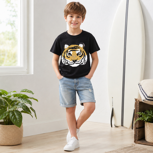 <span class=keywords><strong>T</strong></span>-<span class=keywords><strong>shirt</strong></span> à sequins animaux pour enfants, garçons et filles, motif tigre et panda, manches courtes, coton, haut d'é<span class=keywords><strong>t</strong></span>é, vente en gros OEM - Product Image 3