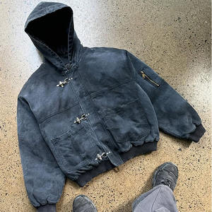 Chaqueta vaquera informal vintage para hombre con cierre de gancho tipo bomber, lavado ácido desgastado, acolchada, cortavientos y transpirable - Product Image 3