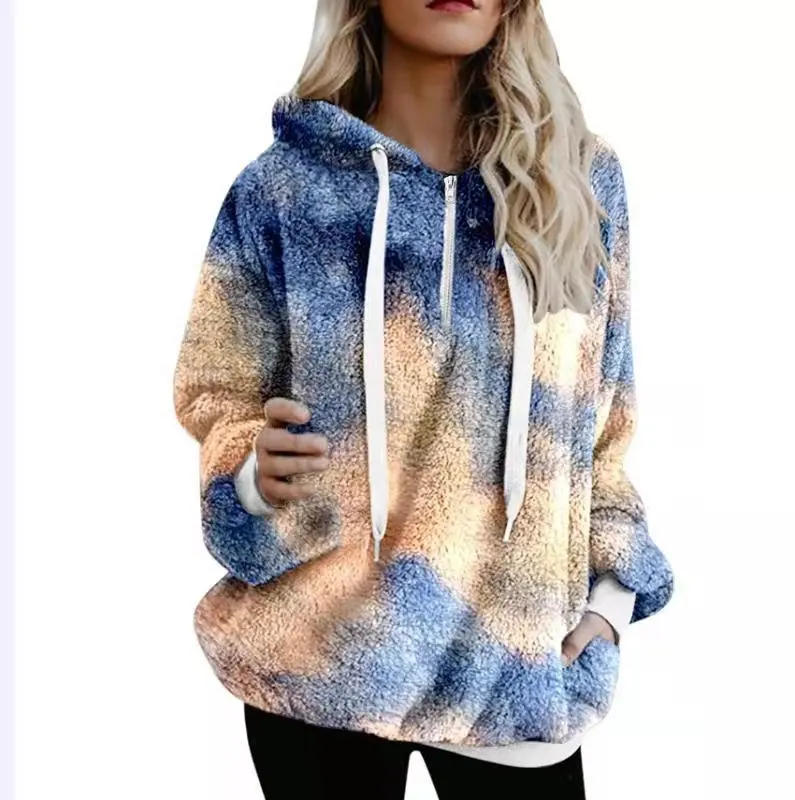 Women's Fashion Winter Thermal Tie Dye Trendy Quarter Zipper Sherpa Fleece Pullover Fleece Sweatshirt Fleece Hoodie
