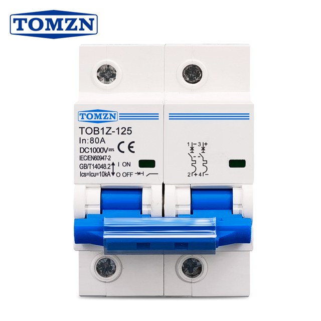 2P 1000V DC MCB TOMZN 80A 100A 125A Circuit Breaker for PV System C Curve Battery Main Switch