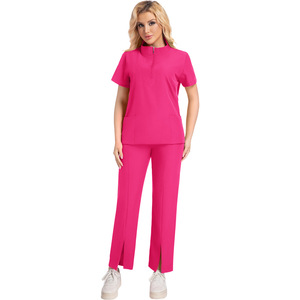 Women's Short Sleeve Scrub Set Zippered <b>Top</b> And Pants For Medical Beauty Salon Workwear Knitted Fabric Split Design - Product Image 3