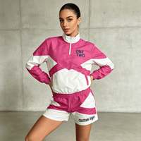 Ensemble court femme personnalisé avec pull à col montant demi-zip et short à taille élastiquée, color block