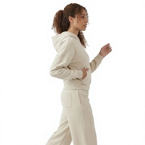 <b>Women's</b> Beige Cropped Zip Up Hoodie And <b>Jogger</b> Pants Tracksuit Set Casual Two Piece <b>Outfit</b> - Product Image 2