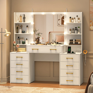 Bàn trang điểm hiện đại có đèn LED, tích hợp đế sạc, mặt bàn kính, chất liệu gỗ, dành cho phòng ngủ - Product Image 4