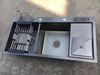 Évier de cuisine double en acier inoxydable 304 fait main avec égouttoir, porte-couteaux et poubelle