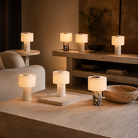 Lampe de table moderne de luxe en albâtre et laiton avec abat-jour en tissu |   Lampe de chevet LED à commande tactile pour chambre à coucher et salon