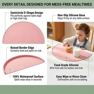 Tapis de table en silicone pour enfants, tapis d'alimentation semi-circulaire rond, résistant à la chaleur, antidérapant, tapis de table réutilisable pour bébé - Product Image 2