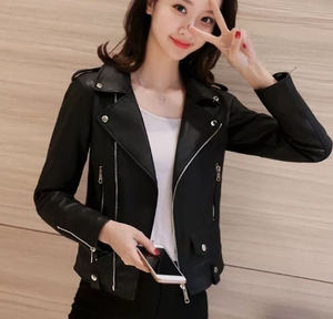 Petit manteau court et mince en <span class=keywords><strong>cuir</strong></span> PU pour femmes en gros pour le printemps automne vêtements de moto coupe-vent doublure en nylon fermeture à glissière - Product Image 4